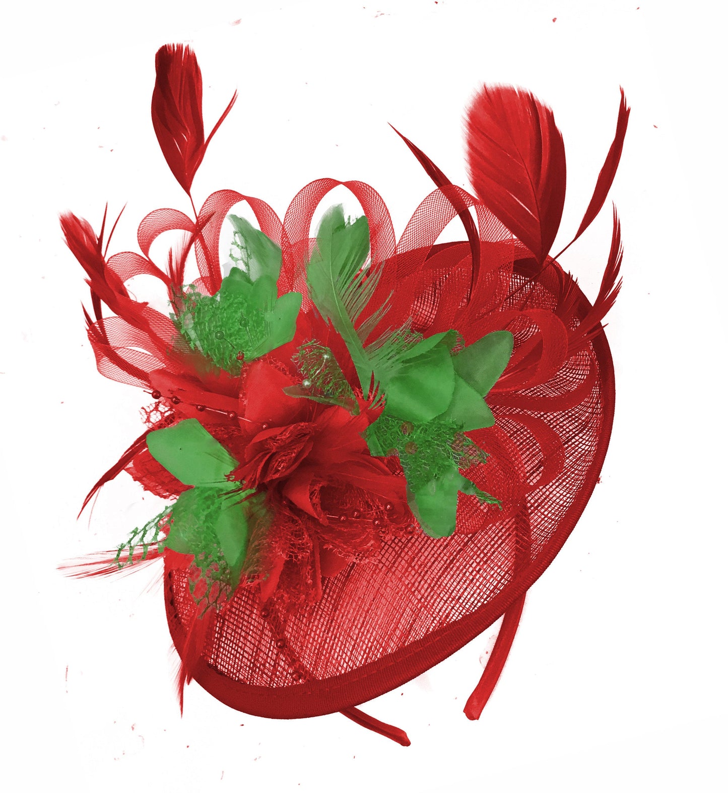 Caprilite Red and Jade Green Sinamay Disc Saucer Fascinator Hat for Women Weddings Headband