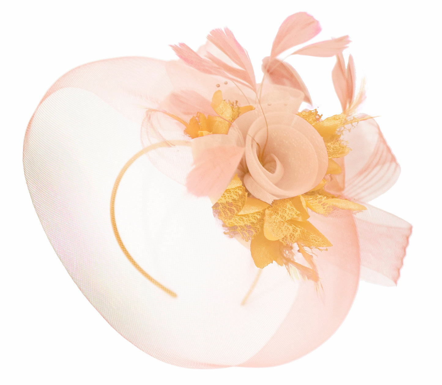 Caprilite Nude Pink Peach and Gold Fascinator Hat Veil Net Hair Clip Ascot Derby Races Wedding Headband Feather Flower