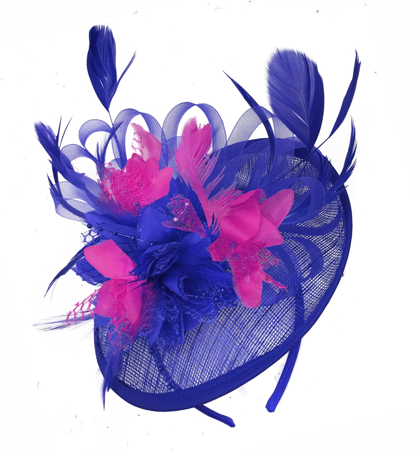 Caprilite Sinamay Royal Blue and Fuchsia Hot Pink Disc Saucer Fascinator Hat for Women Weddings Headband