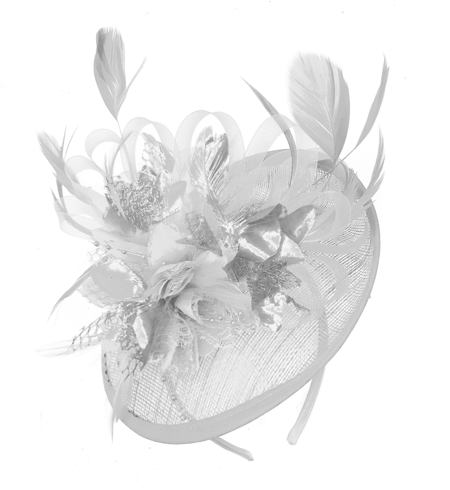 Caprilite White and Silver Sinamay Disc Saucer Fascinator Hat for Women Weddings Headband