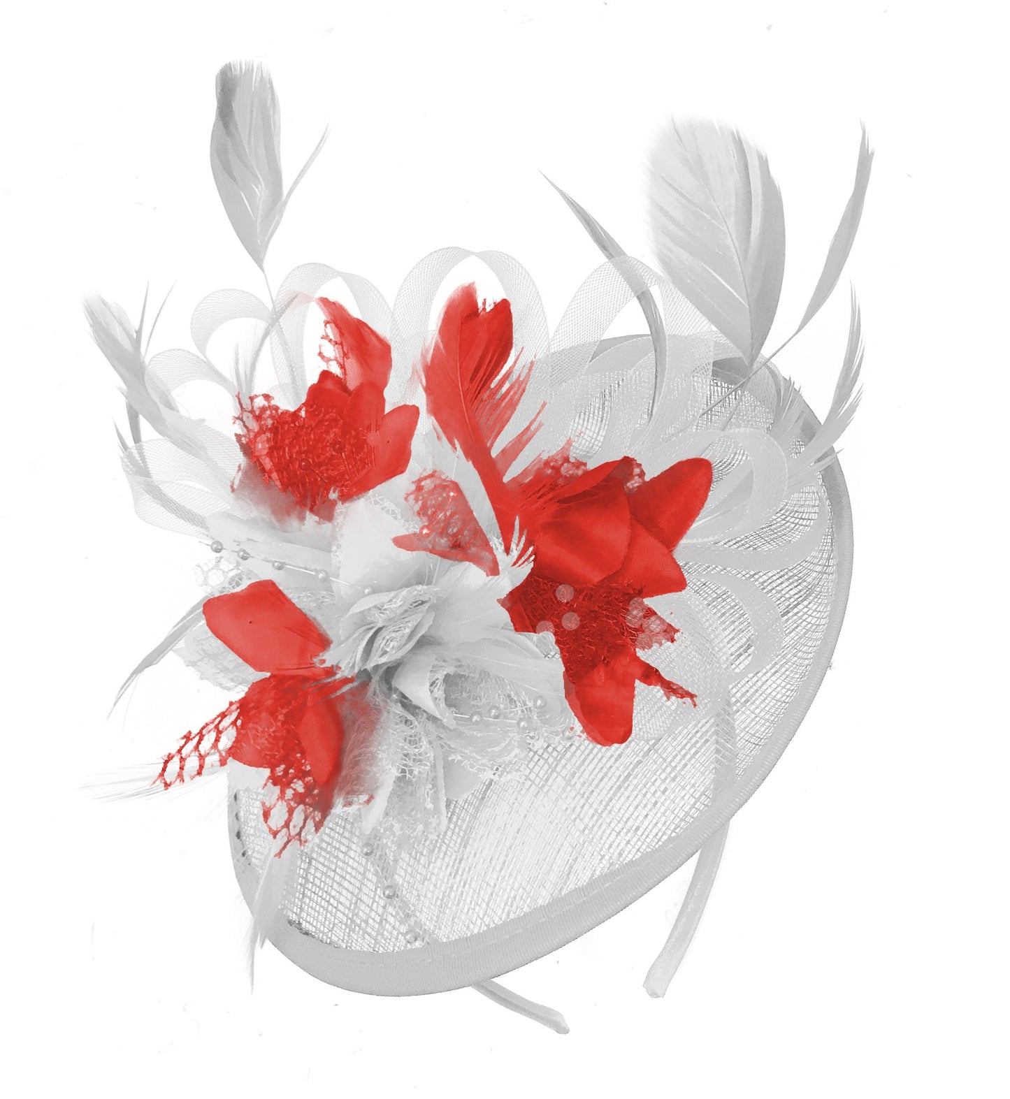Caprilite White and Red Sinamay Disc Saucer Fascinator Hat for Women Weddings Headband