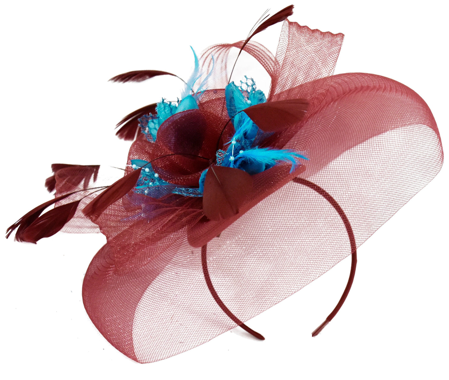 Caprilite Burgundy and Aqua Fascinator on Headband Veil UK Wedding Ascot Races Hatinator