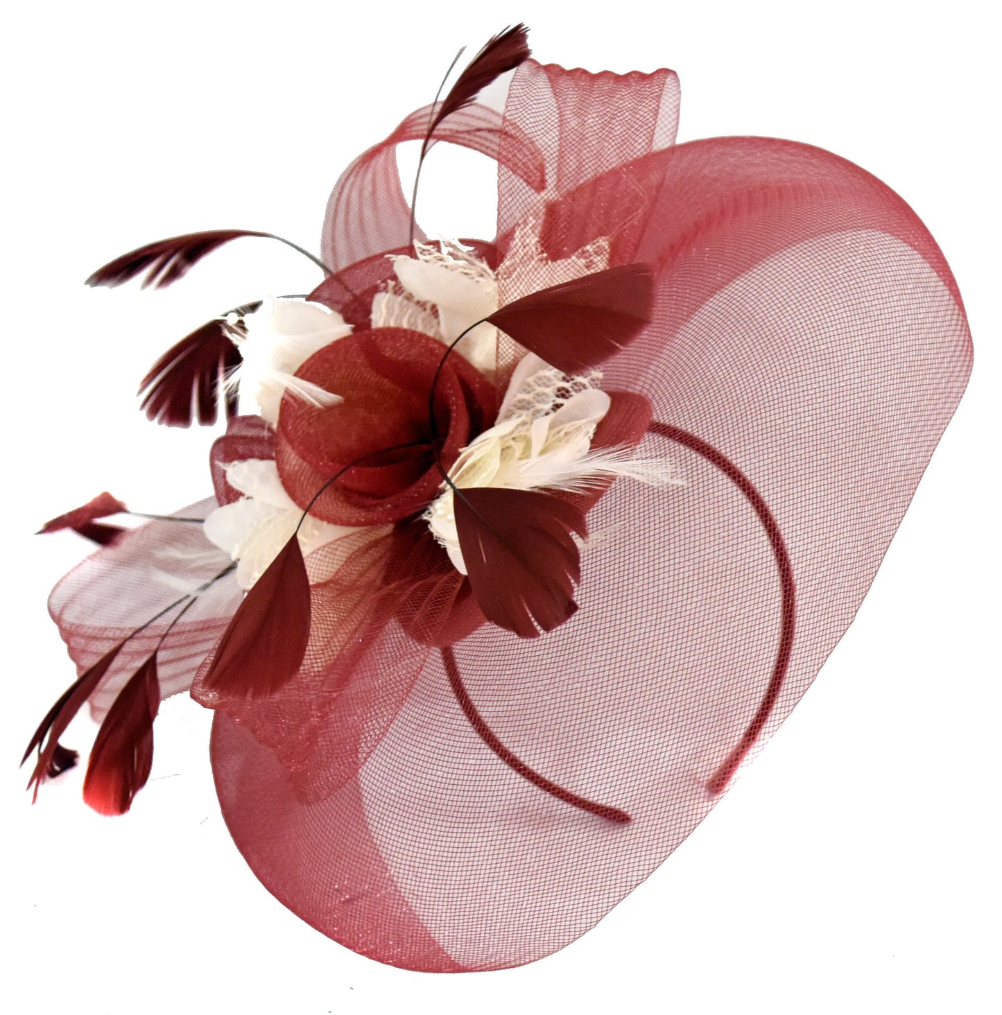 Caprilite Burgundy and Cream Fascinator on Headband Veil UK Wedding Ascot Races Hatinator