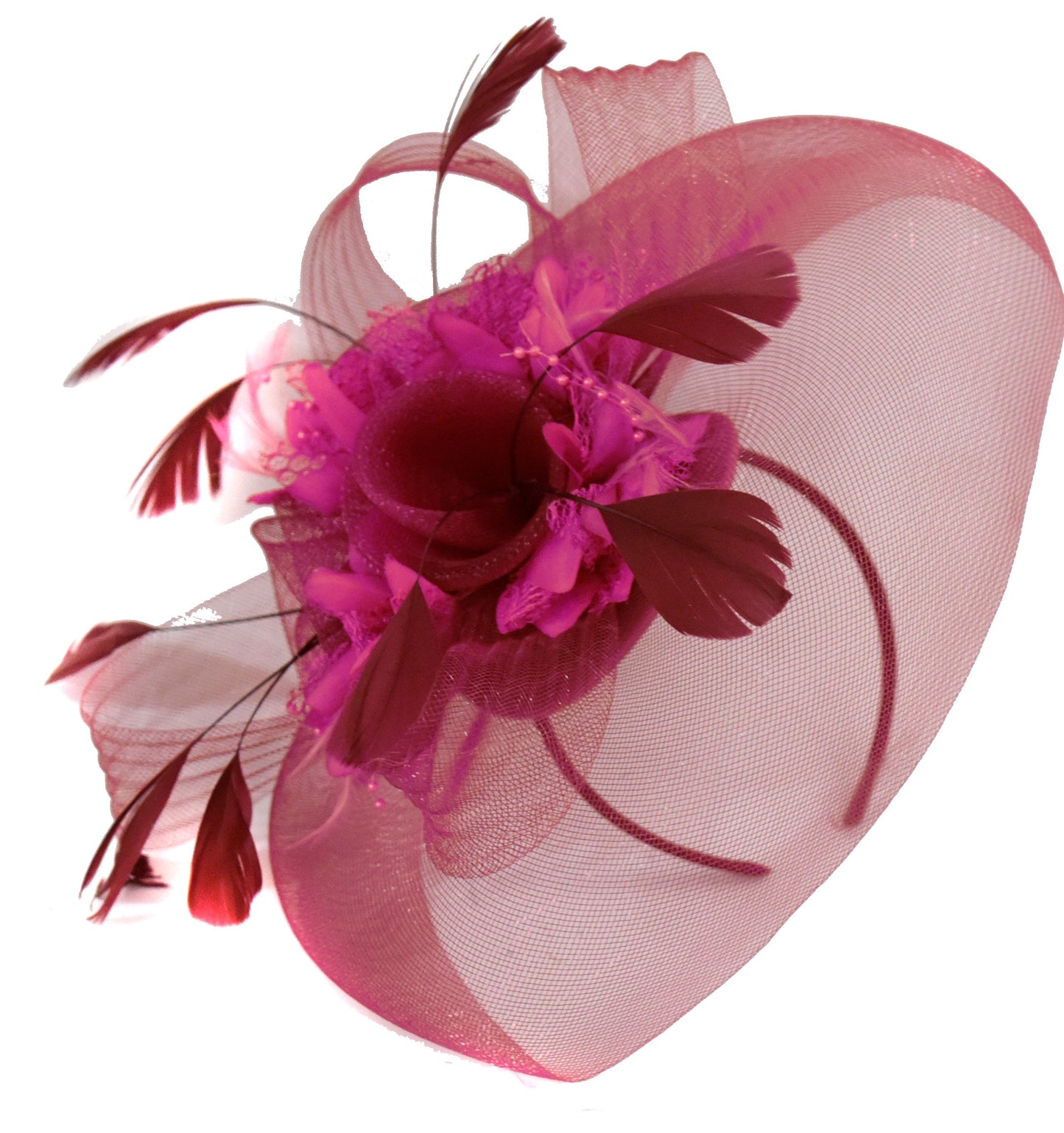 Caprilite Burgundy and Fuchsia Fascinator on Headband Veil UK Wedding Ascot Races Hatinator