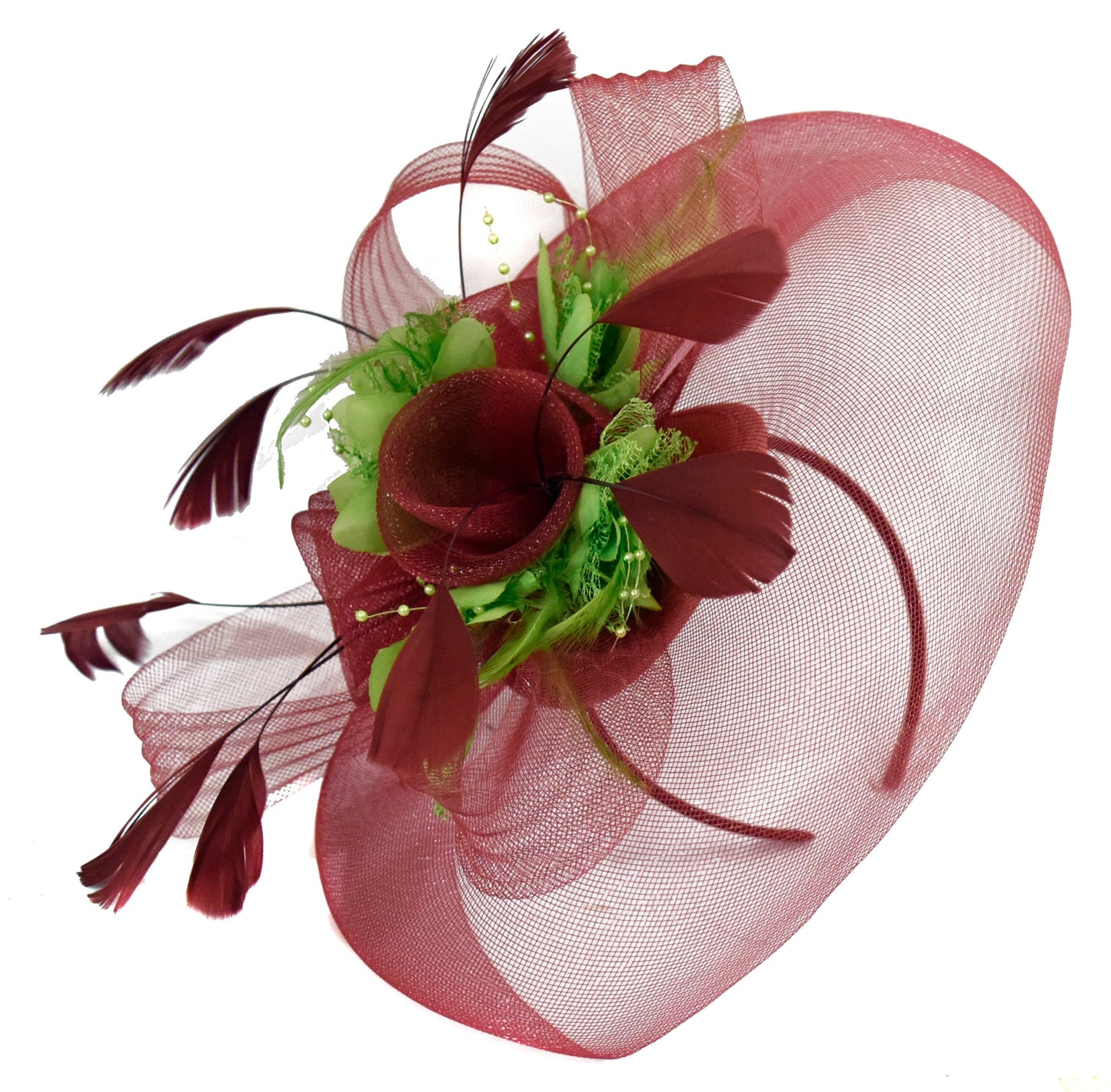 Caprilite Burgundy and Green Fascinator on Headband Veil UK Wedding Ascot Races Hatinator