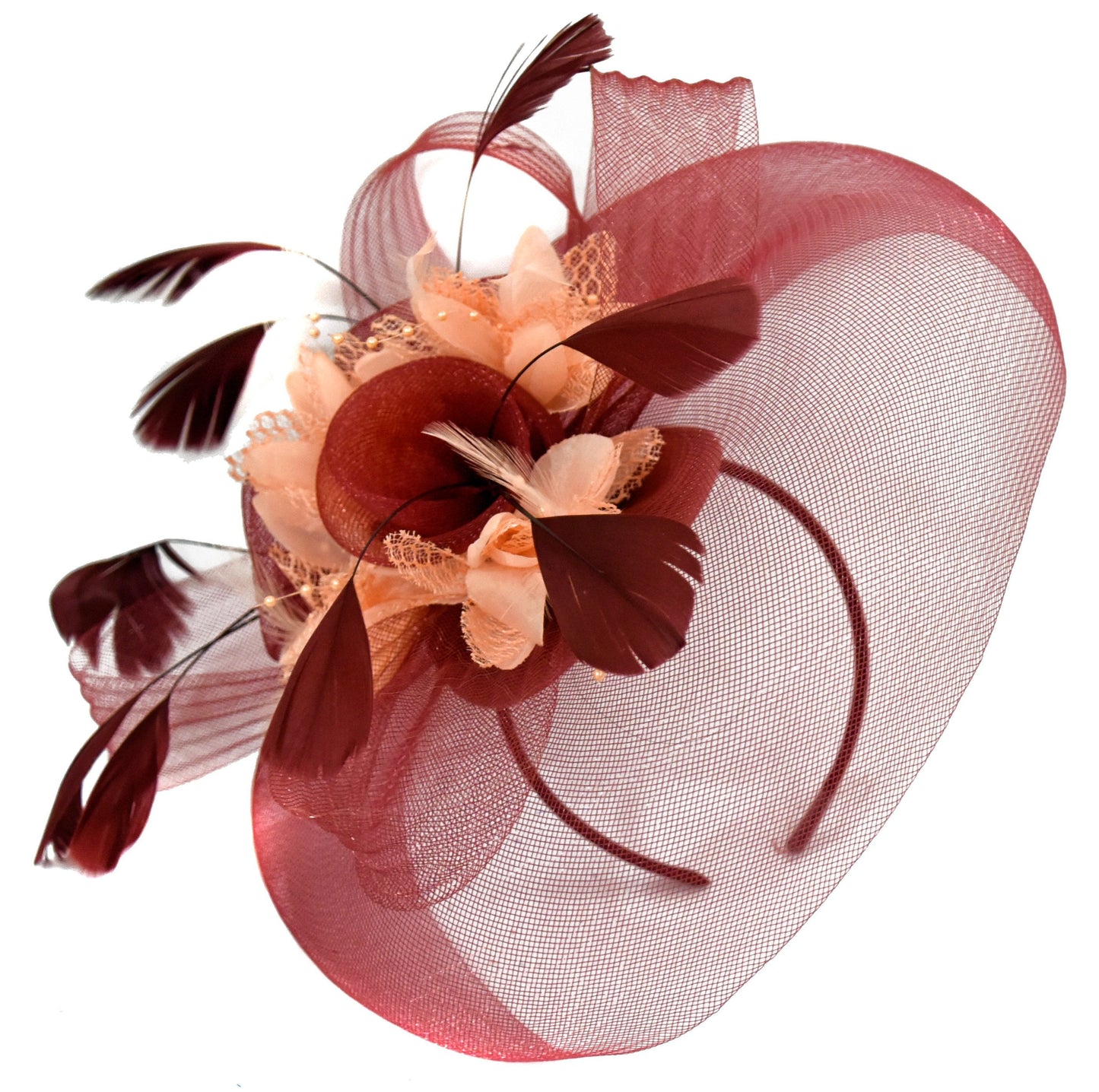 Caprilite Burgundy and Peach Fascinator on Headband Veil UK Wedding Ascot Races Hatinator