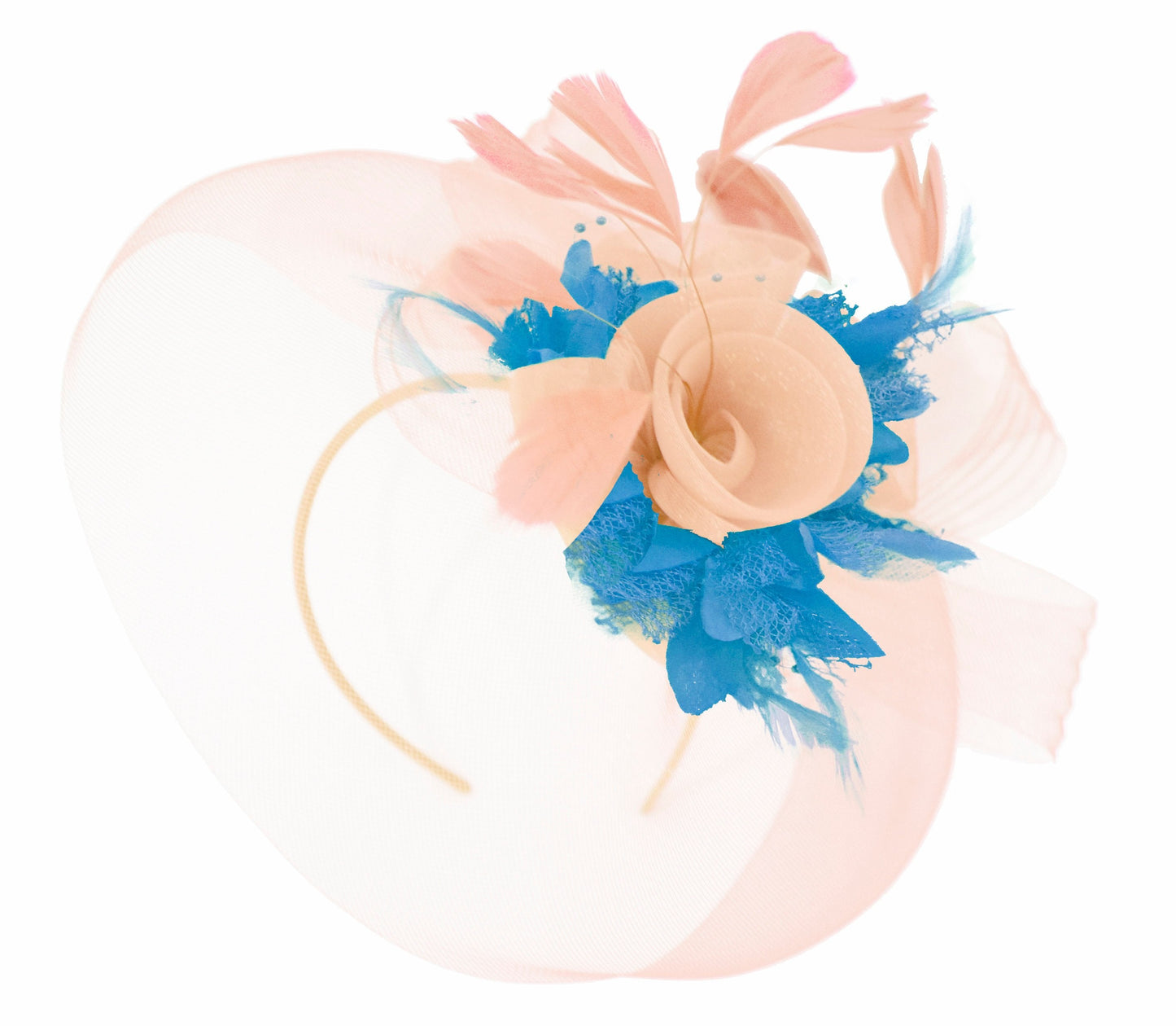 Caprilite Nude Pink Peach and Aqua Fascinator Hat Veil Net Hair Clip Ascot Derby Races Wedding Headband Feather Flower