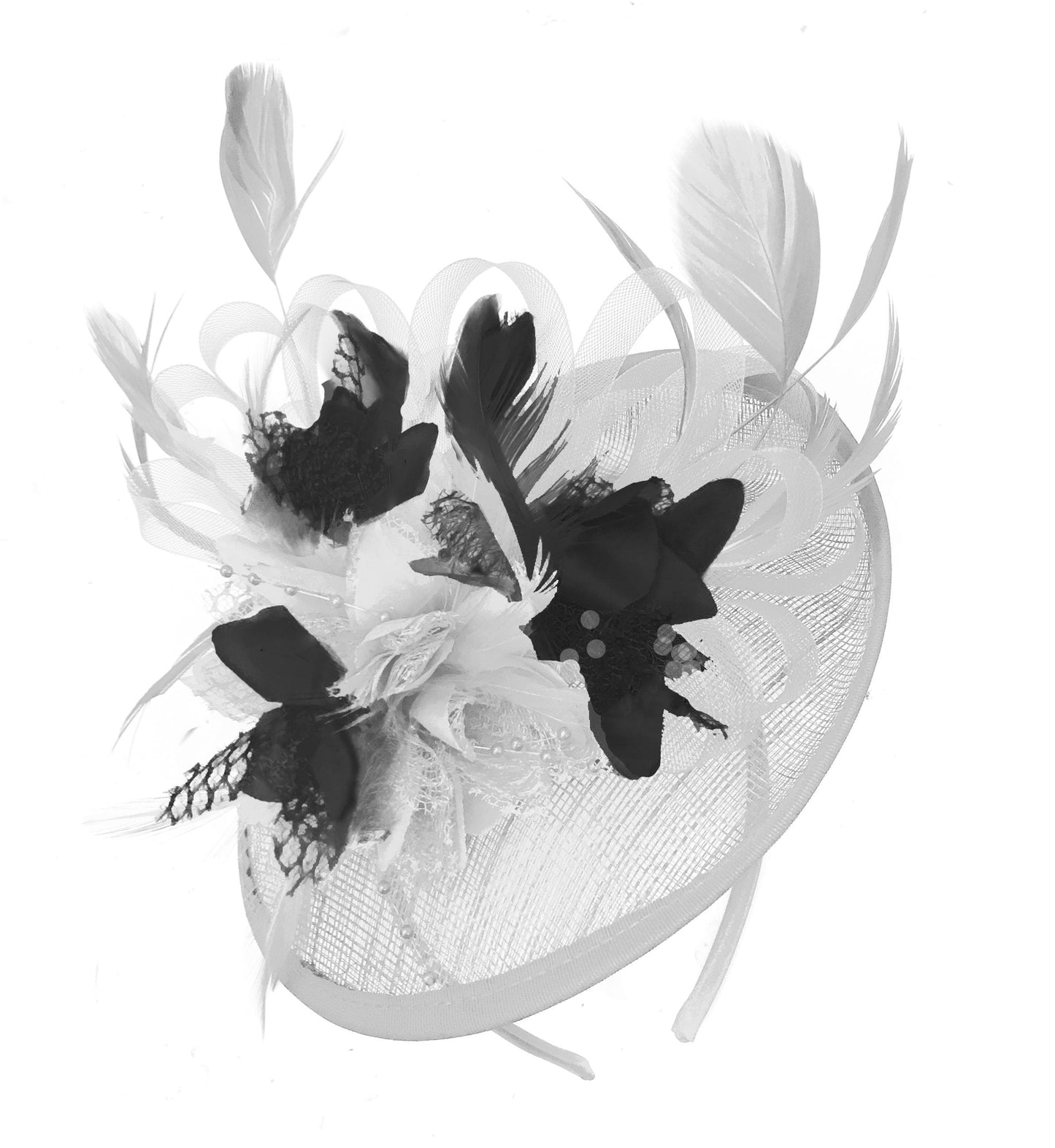 Caprilite White and Black Sinamay Disc Saucer Fascinator Hat for Women Weddings Headband