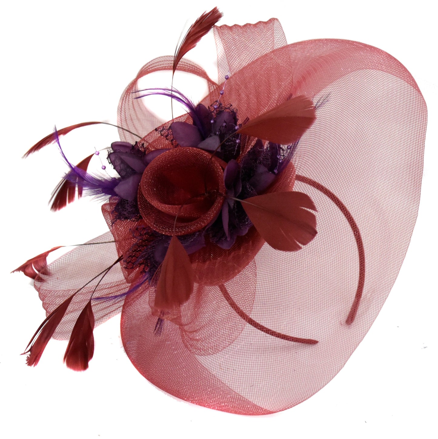 Caprilite Burgundy and Dark Purple Fascinator on Headband Veil UK Wedding Ascot Races Hatinator