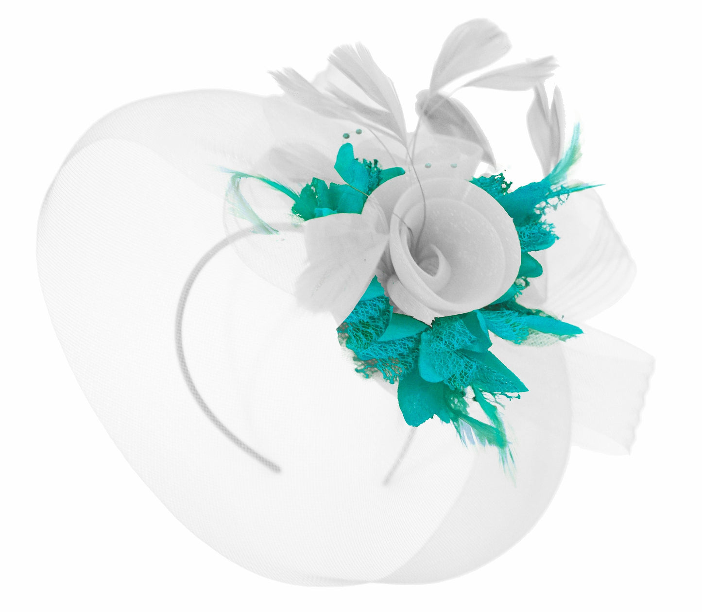 Caprilite White and Teal Fascinator on Headband Veil UK Wedding Ascot Races Hatinator
