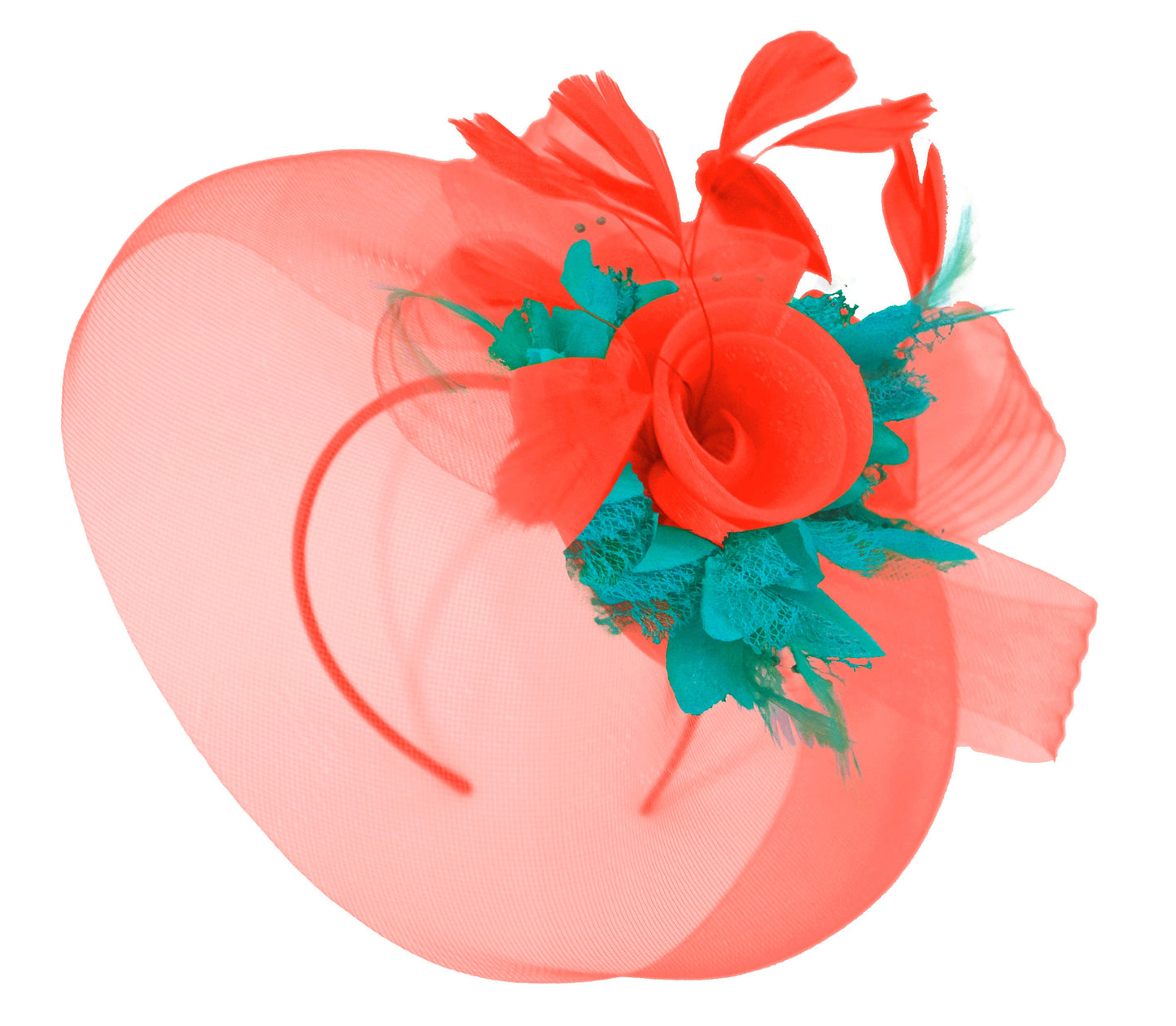 Caprilite Red and Teal Fascinator on Headband Veil UK Wedding Ascot Races Hatinator