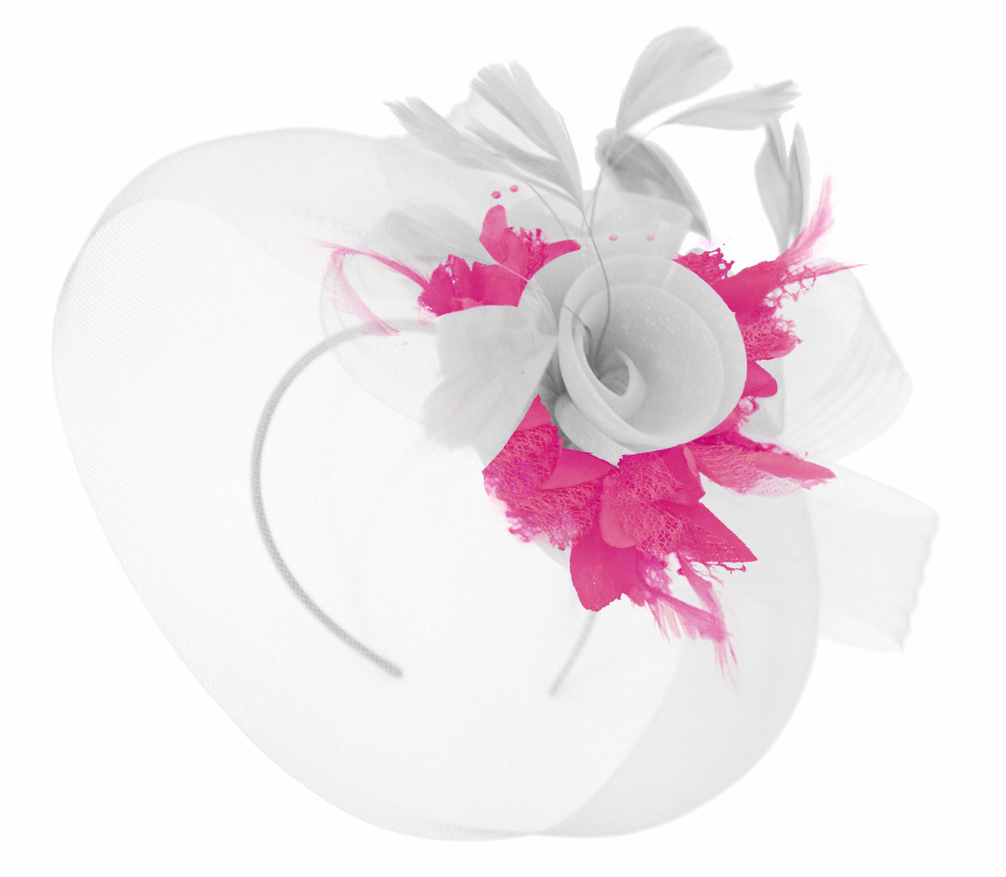 Caprilite White and Fuchsia Fascinator on Headband Veil UK Wedding Ascot Races Hatinator