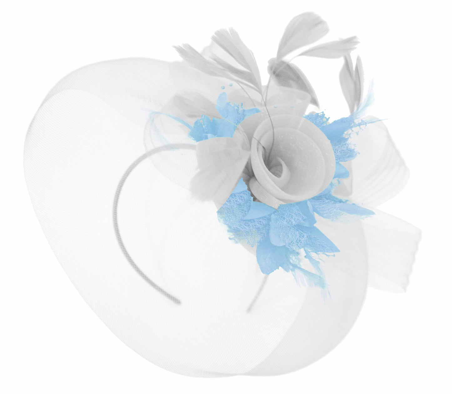 Caprilite White and light Blue Fascinator on Headband Veil UK Wedding Ascot Races Hatinator