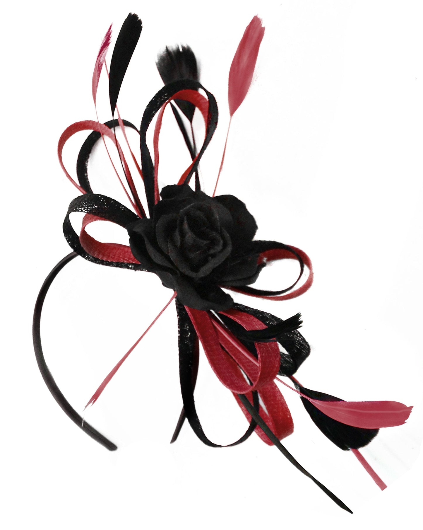 Caprilite Sinamay Rose Black and Burgundy Dark Red Fascinator on Headband Alice Band UK Wedding Ascot Races Loop
