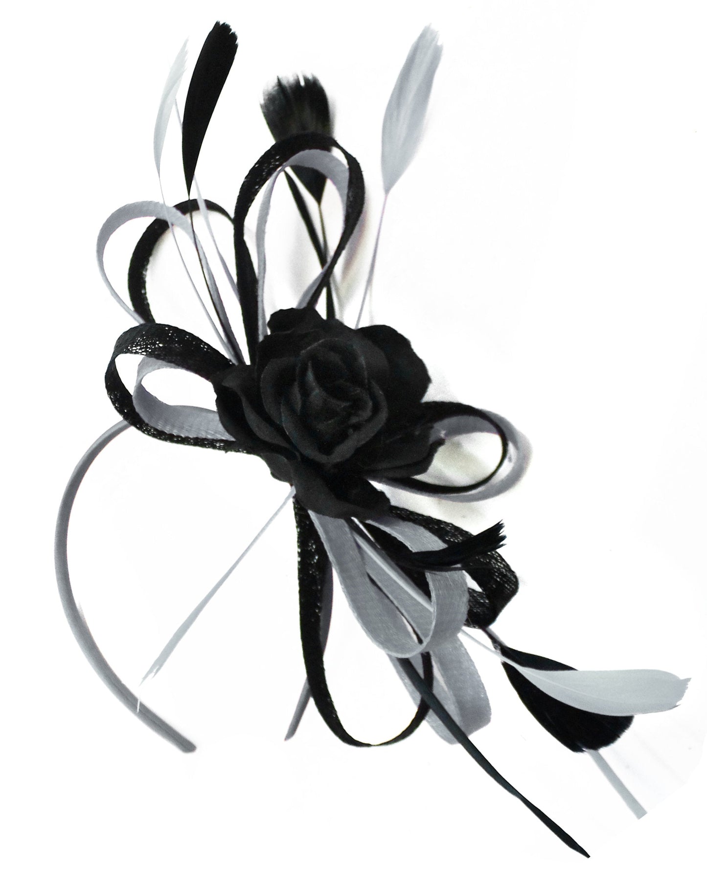 Caprilite Sinamay Rose Black and Silver Grey Fascinator on Headband Alice Band UK Wedding Ascot Races Loop