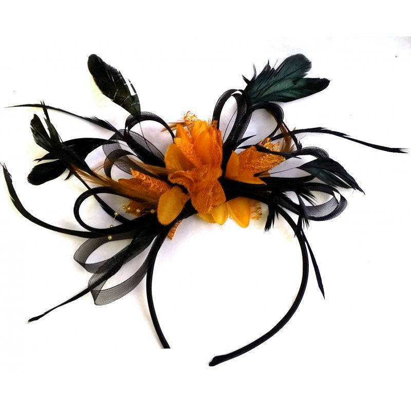 Caprilite Black and Orange Net Fascinator on Headband Alice Band UK Wedding Ascot Races Loop