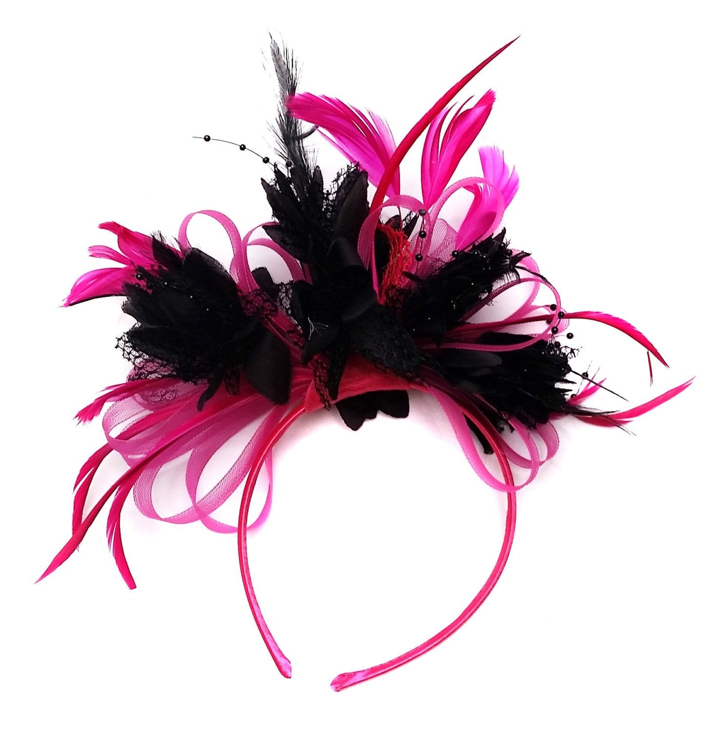 Caprilite Fuchsia Hot Pink and Black Wedding Fascinator Headband Alice Band Ascot Races Loop Net