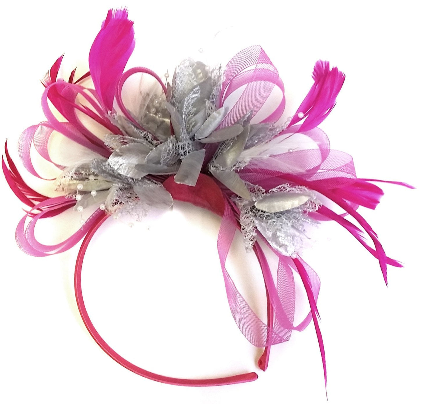 Caprilite Fuchsia Hot Pink and Silver Wedding Fascinator Headband Alice Band Ascot Races Loop Net