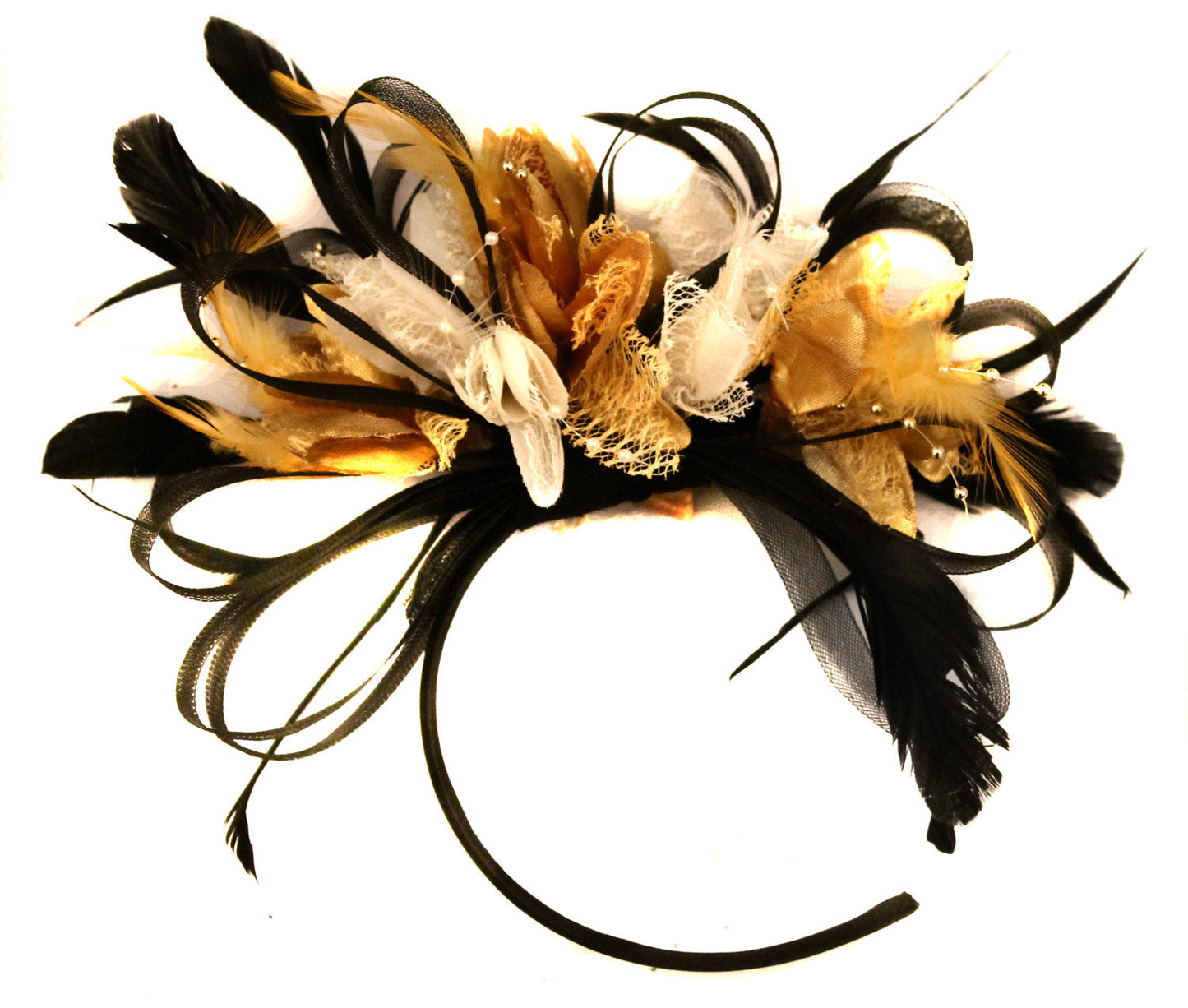 Caprilite Black Hoop & Gold and Cream Feathers Fascinator Headband Ascot Wedding