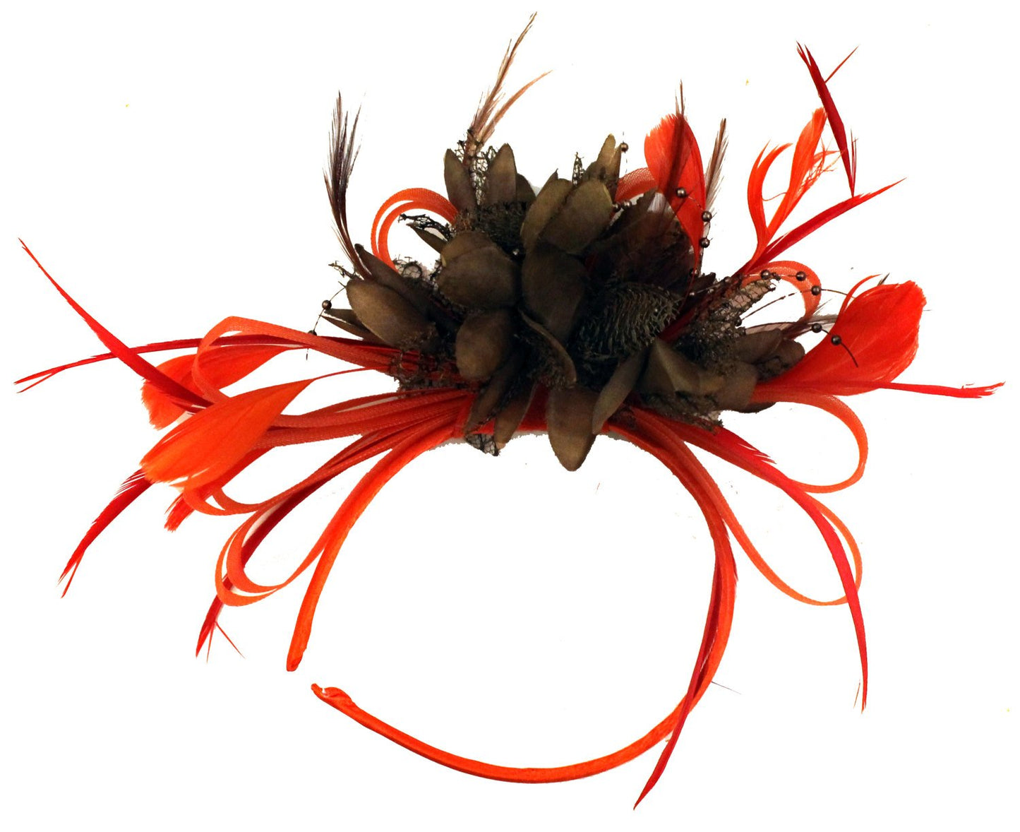 Caprilite Red Hoop & Coffee Brown Feathers Fascinator on Headband Ascot Wedding