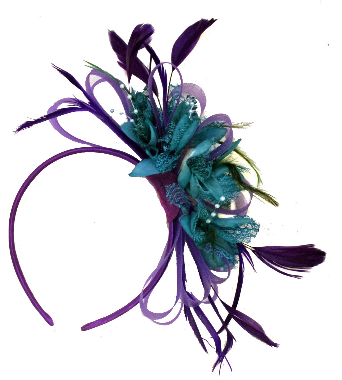 Caprilite Purple & Teal Fascinator on Headband Alice Band Wedding Ascot Races Loop Net