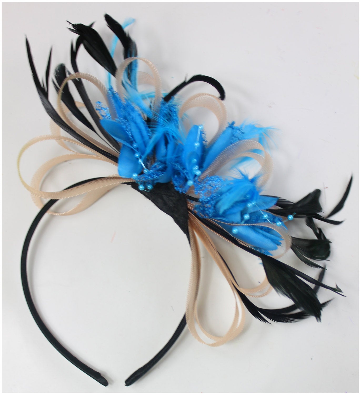 Caprilite Nude Salmon Pink & Aqua Blue Fascinator on Headband AliceBand UK Wedding Ascot Races Loop