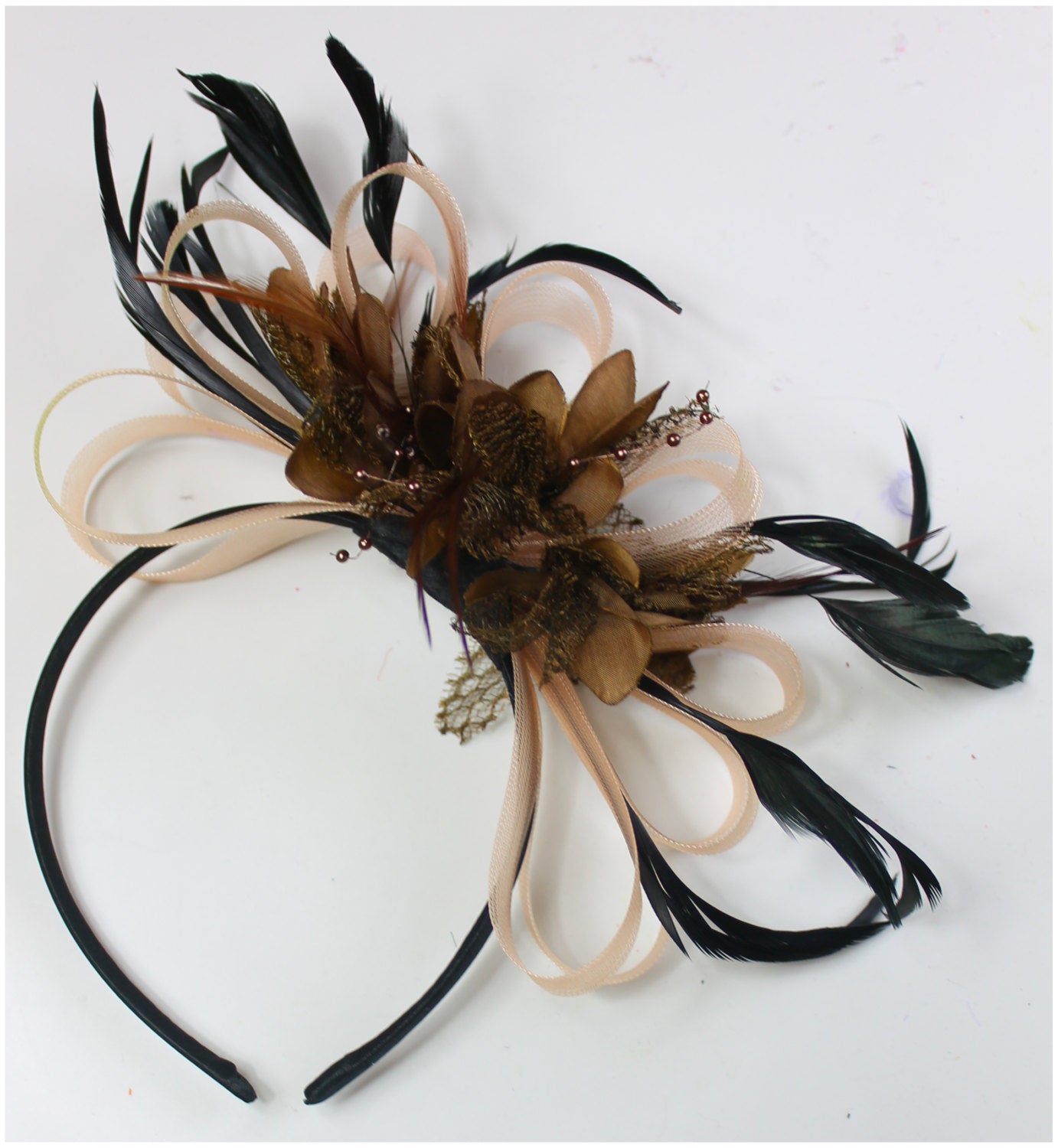 Caprilite Nude Salmon Pink & Brown Fascinator on Headband AliceBand UK Wedding Ascot Races Loop