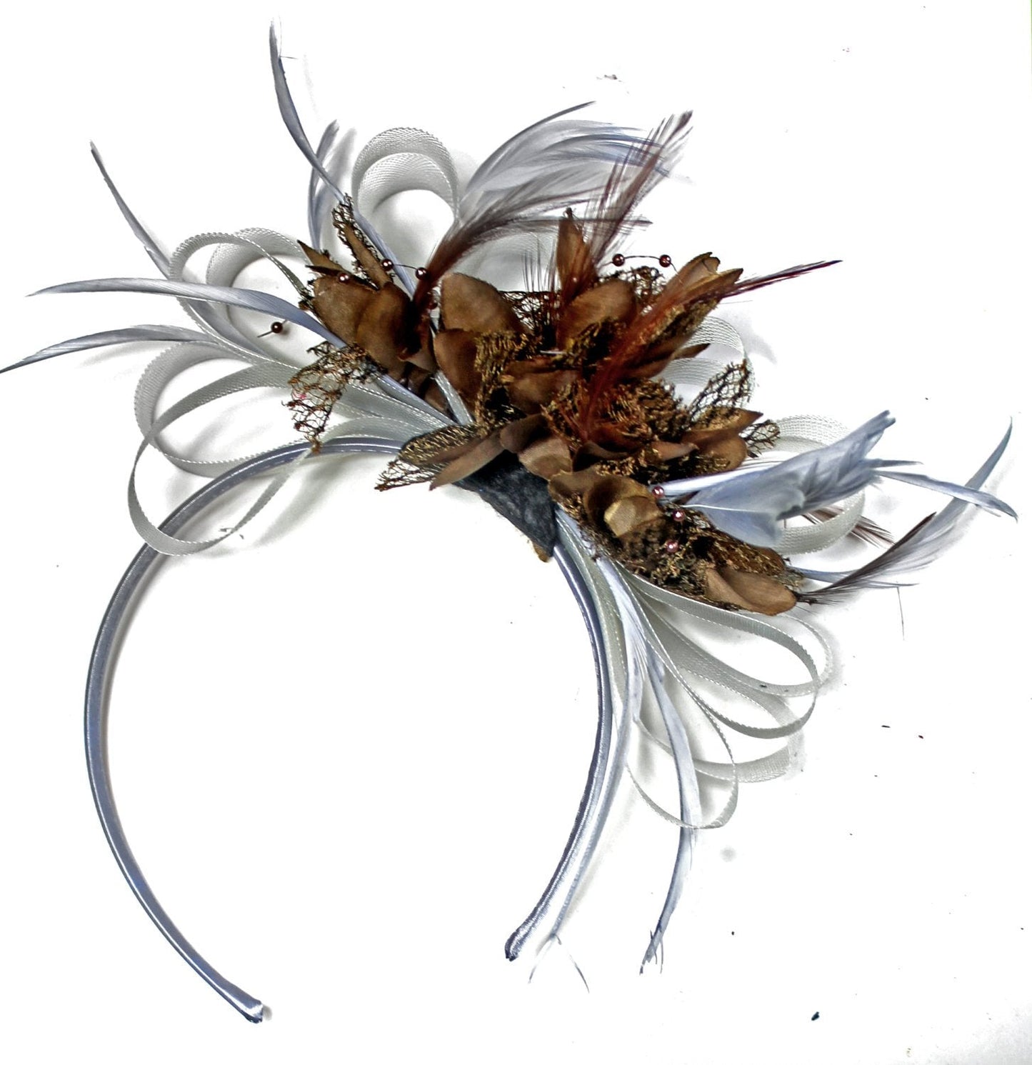 Caprilite Grey Silver & Coffee Brown Fascinator on Headband AliceBand UK Wedding Ascot Races Loop