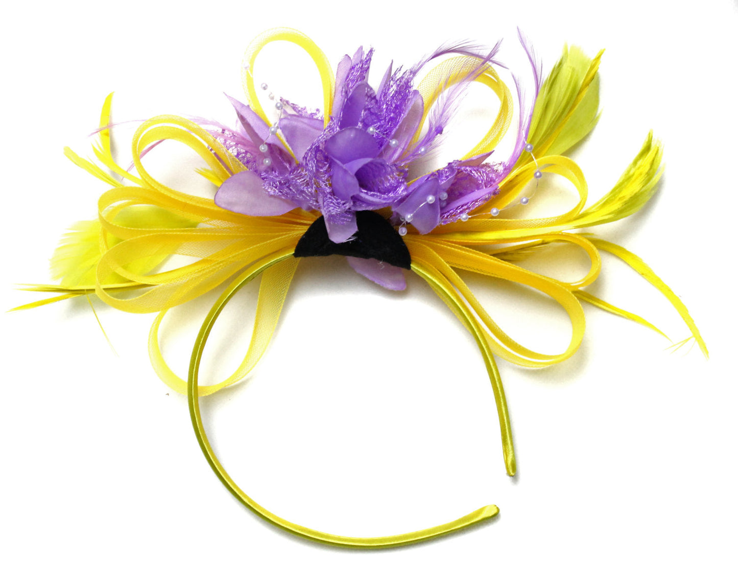 Caprilite Bright Yellow & Lilac Light Purple Feathers Fascinator on Headband