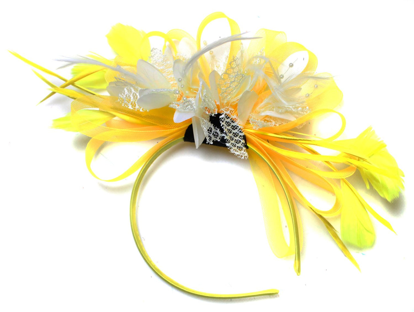 Caprilite Bright Yellow & Cream Feathers Fascinator on Headband