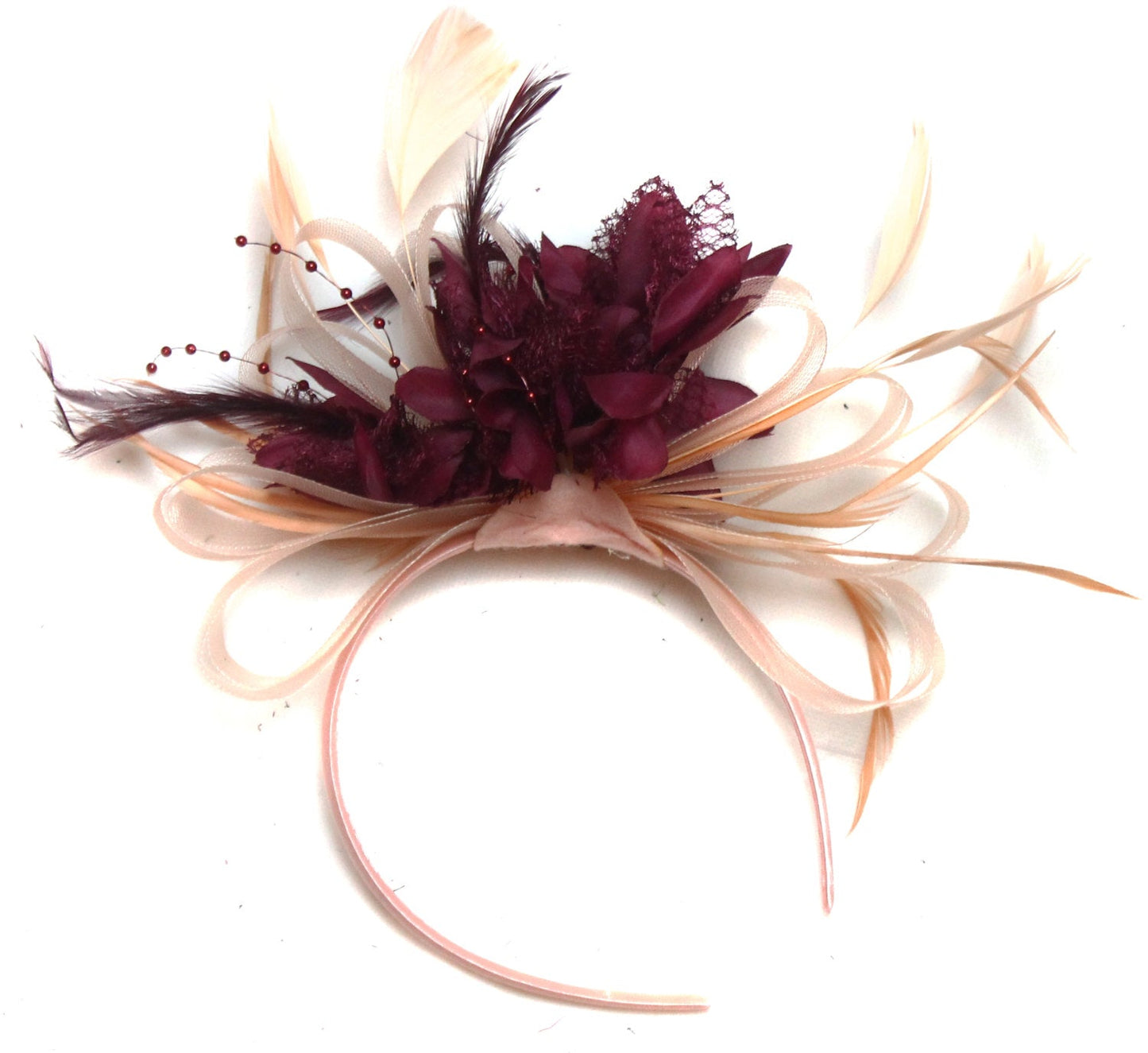 Caprilite Nude Salmon Pink and Burgundy Wine Fascinator on Headband Alice Band UK Wedding Ascot Races Loop