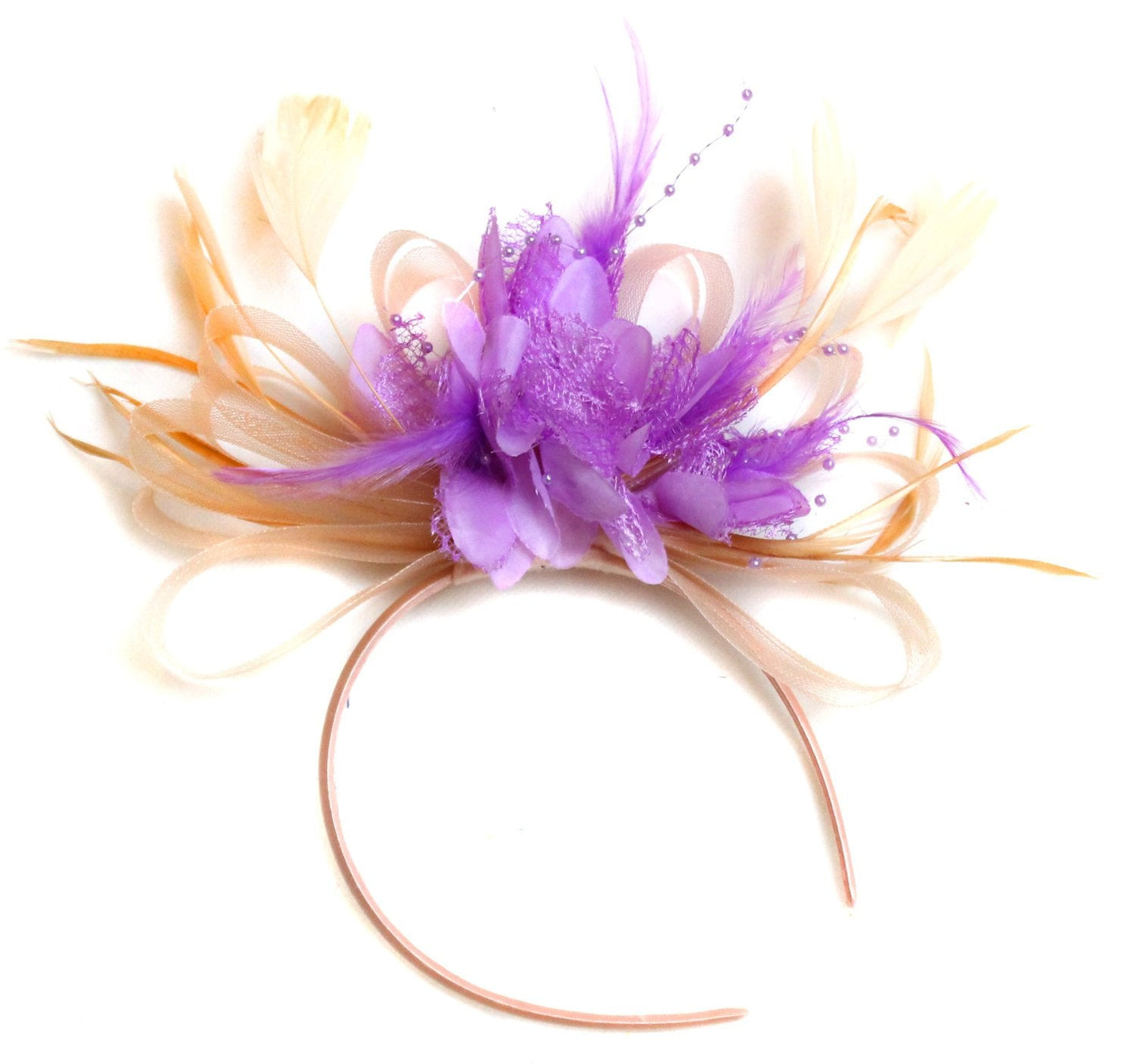 Caprilite Nude Salmon Pink and Lilac Fascinator on Headband Alice Band UK Wedding Ascot Races Loop