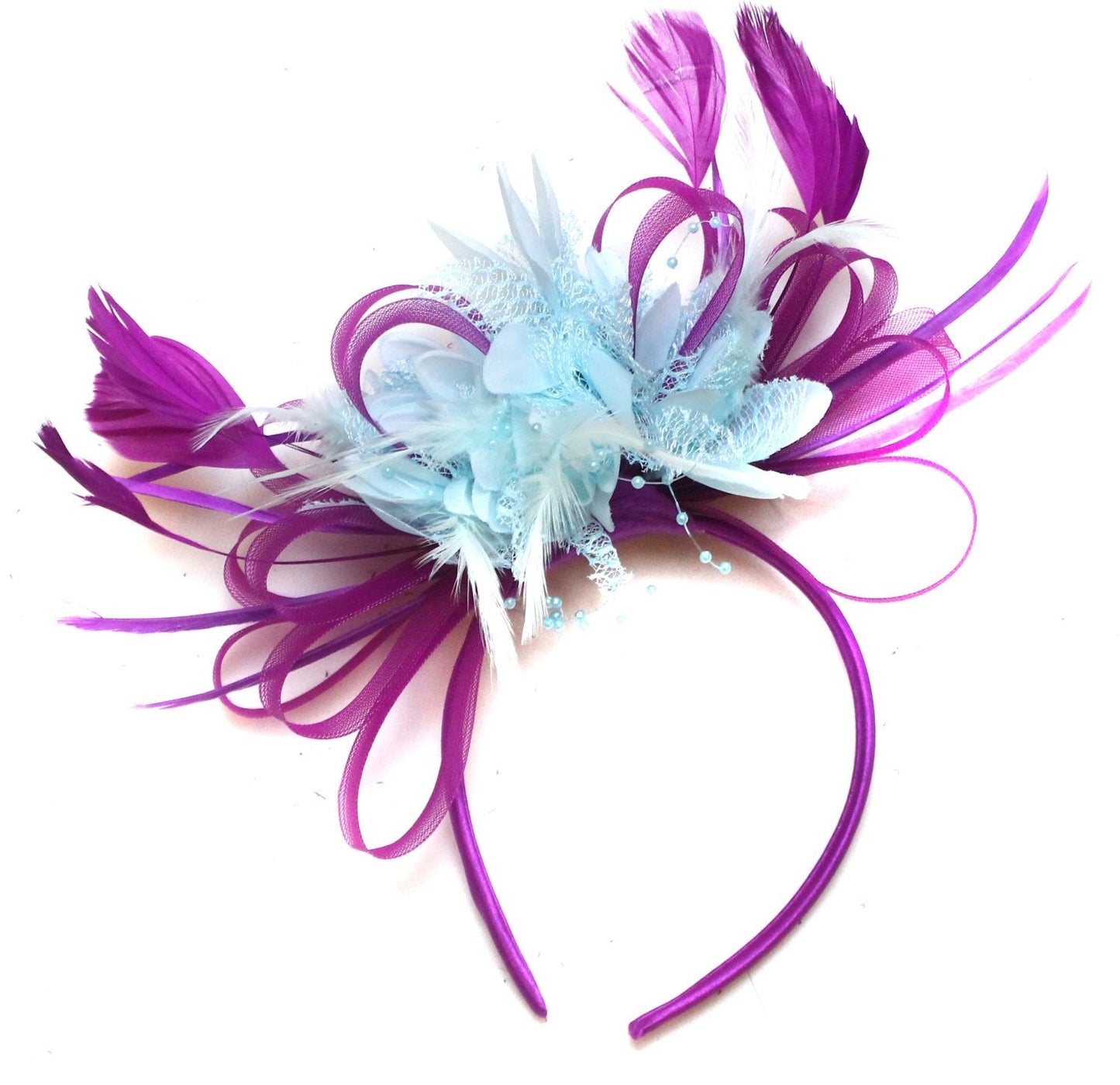 Caprilite Plum Magenta and Light Blue Fascinator on Headband Alice Band UK Wedding Ascot Races Loop