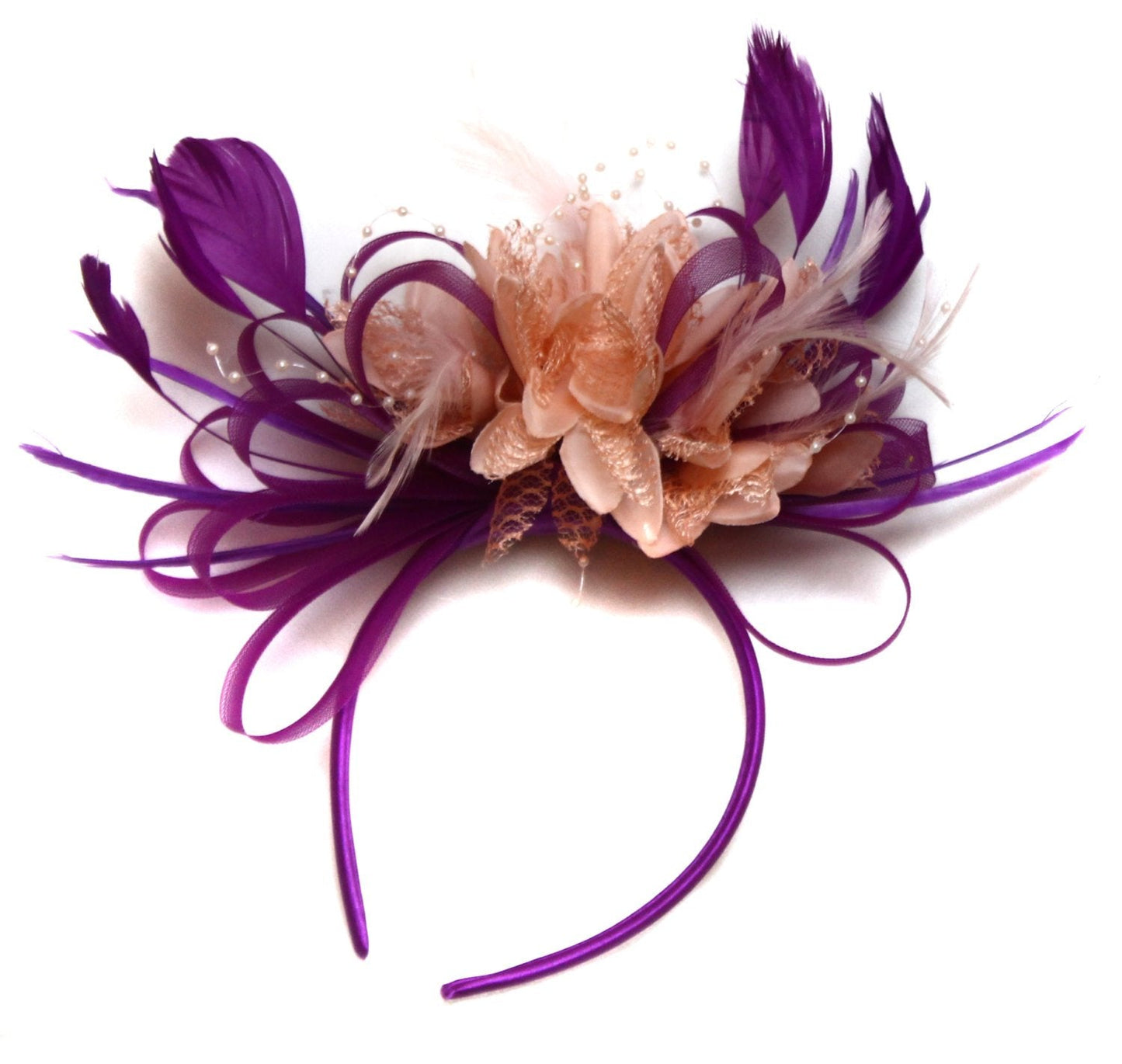 Caprilite Plum Magenta and Nude Pink Peach Fascinator on Headband Alice Band UK Wedding Ascot Races Loop