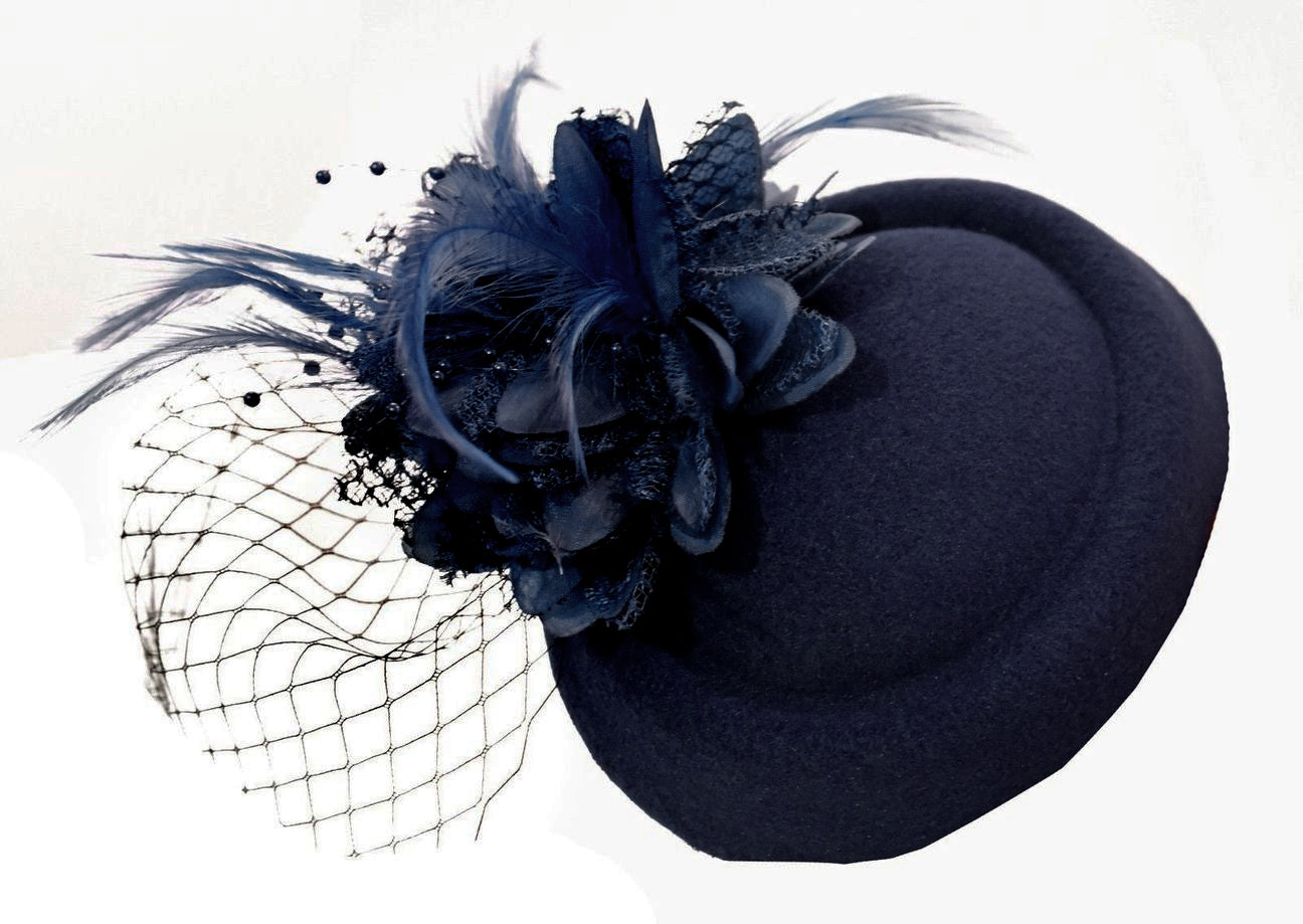 Dark Navy Blue Felt Pillbox Veil Wedding Fascinator Clip