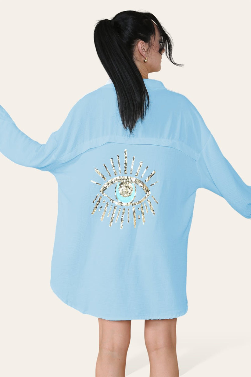 Oversized Long Sleeve Gold Sequin Eye Button Up Shirt