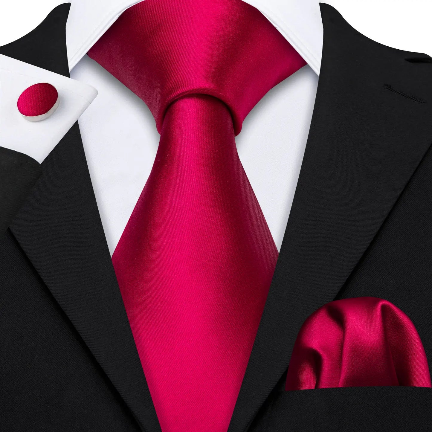 Plain Red Silk Tie - With Matching Cufflinks & Pocket Square