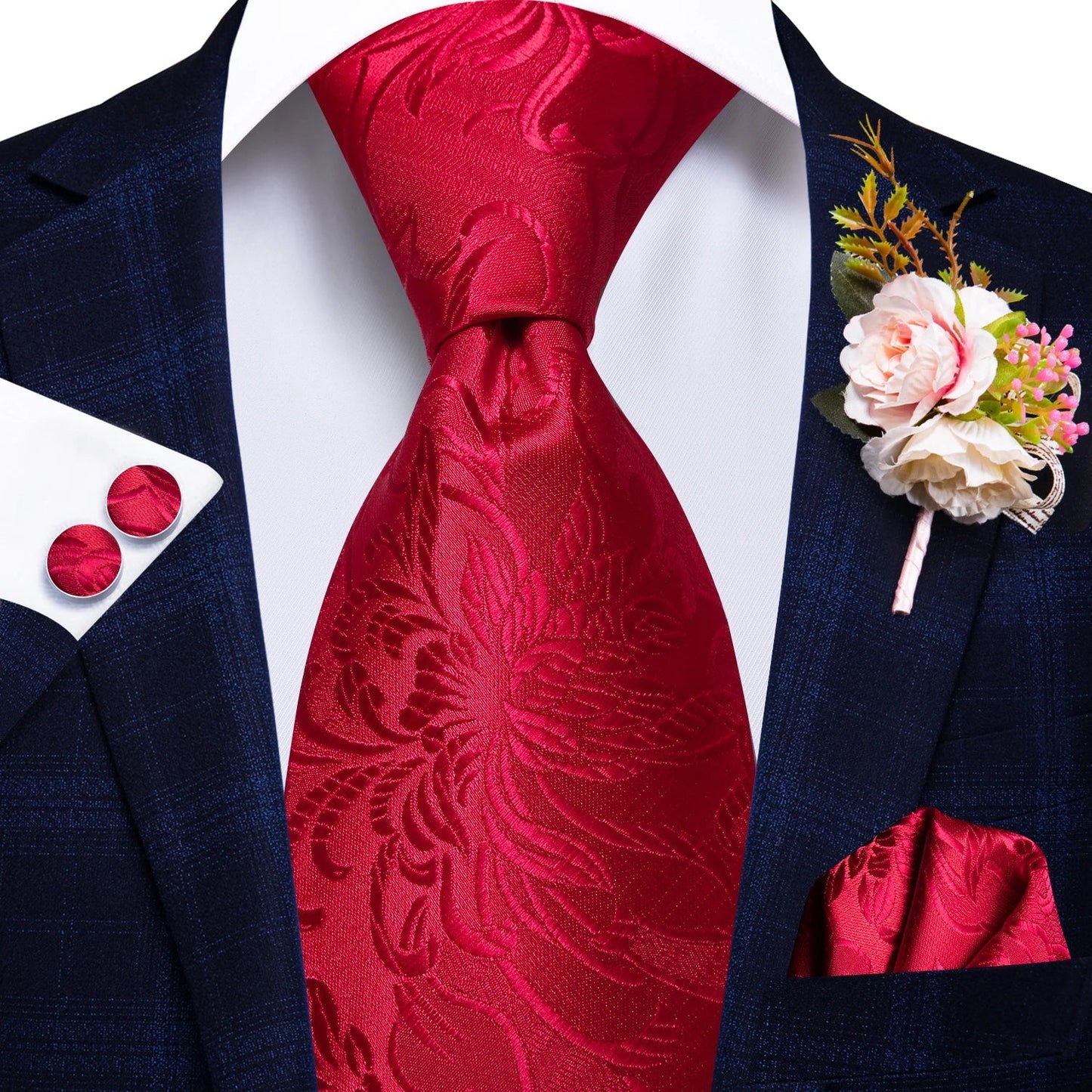 Red Floral Silk Tie - With Matching Cufflinks & Pocket Square