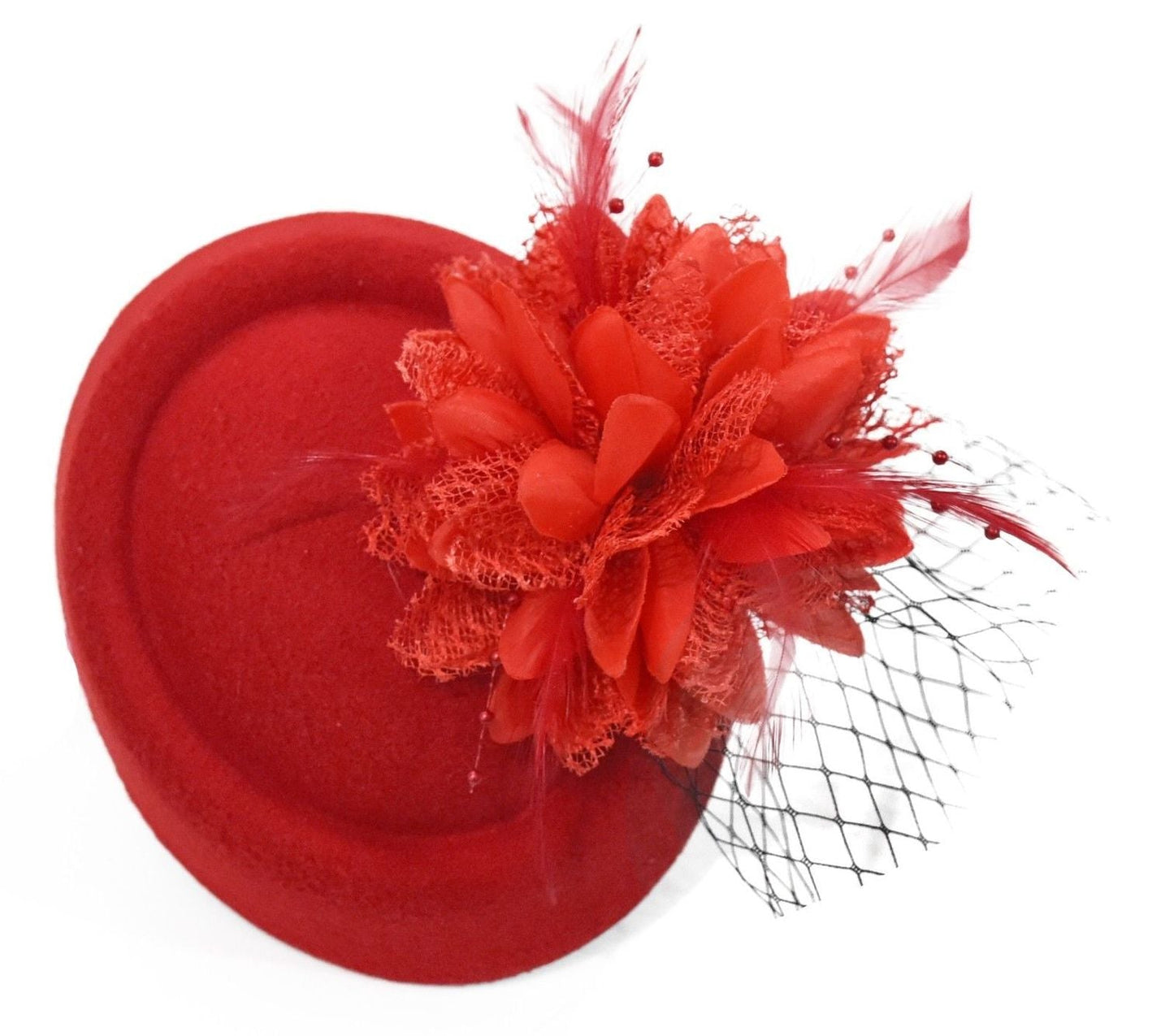 Scarlet Red Felt Pillbox Veil Wedding Fascinator Clips