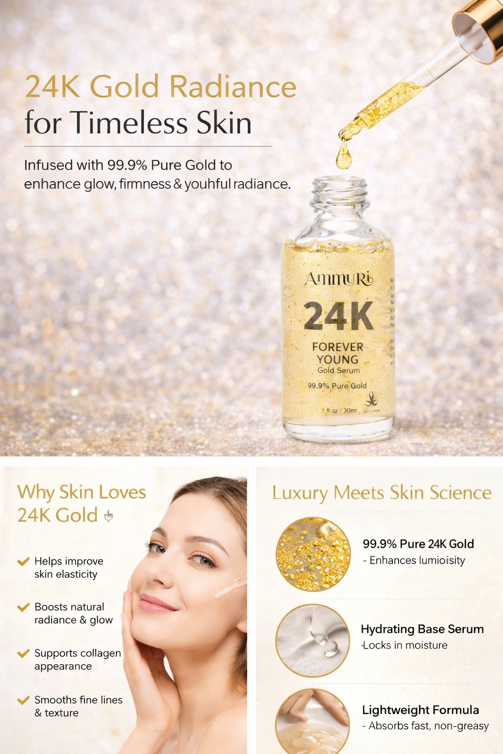 Ammuri 24K Gold + Vitamin C Serum 30ml | Hyaluronic Acid Hydration & Radiance