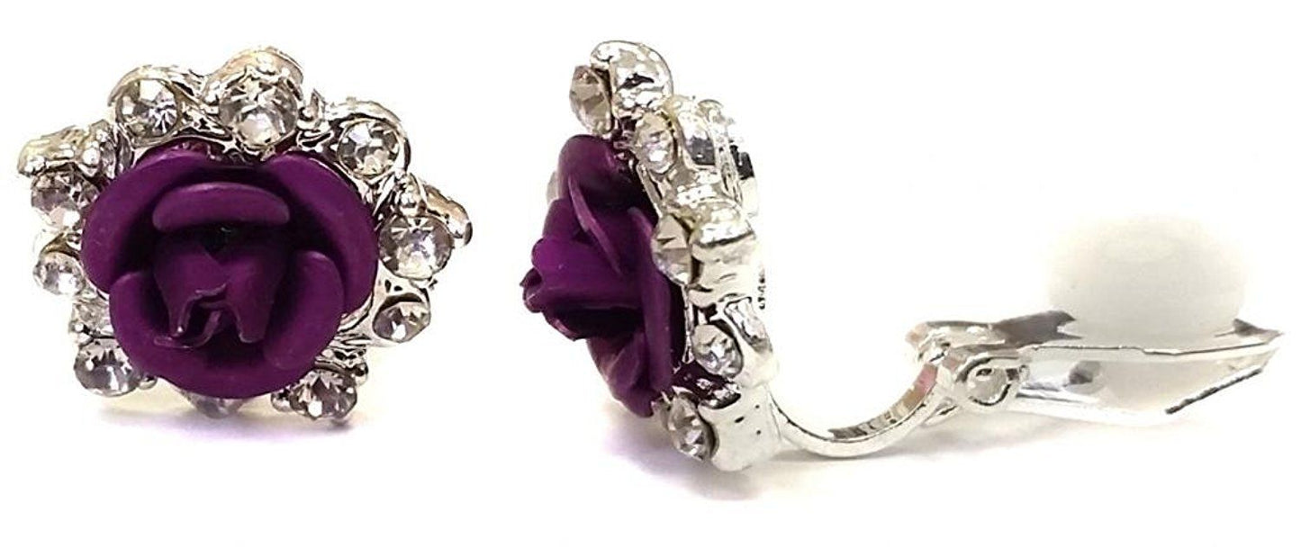 Silver Purple Rose Crystal Clip On Earrings Stud
