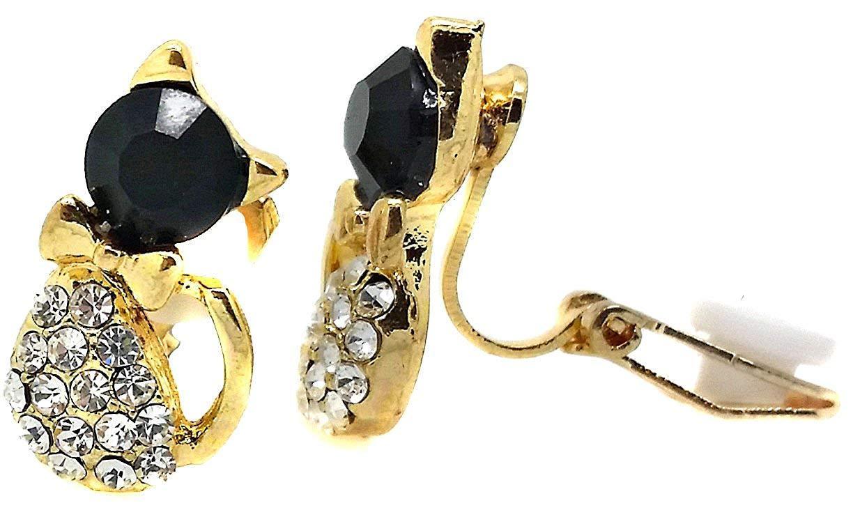 Gold and Black Kids Cat Stud Clip-On Earrings Ladies and Girls