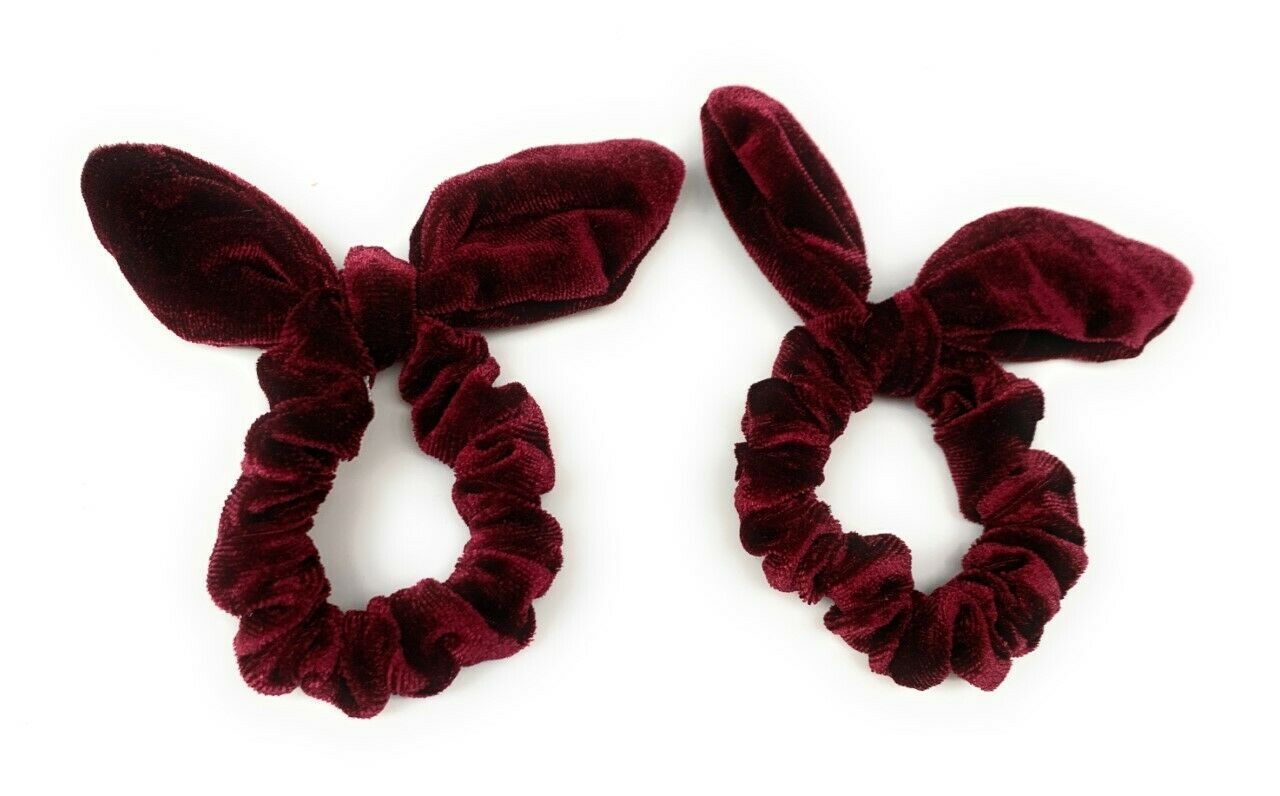 Luxury Velvet Pair of Burgundy Dark Red Elastic Hair Scrunchies Elastic Band School Bows