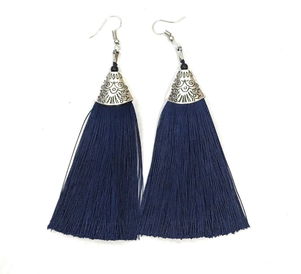 Navy Blue Long Funky Tassel Chandelier Silver Dangle Party Earrings - Pierced or Clip On