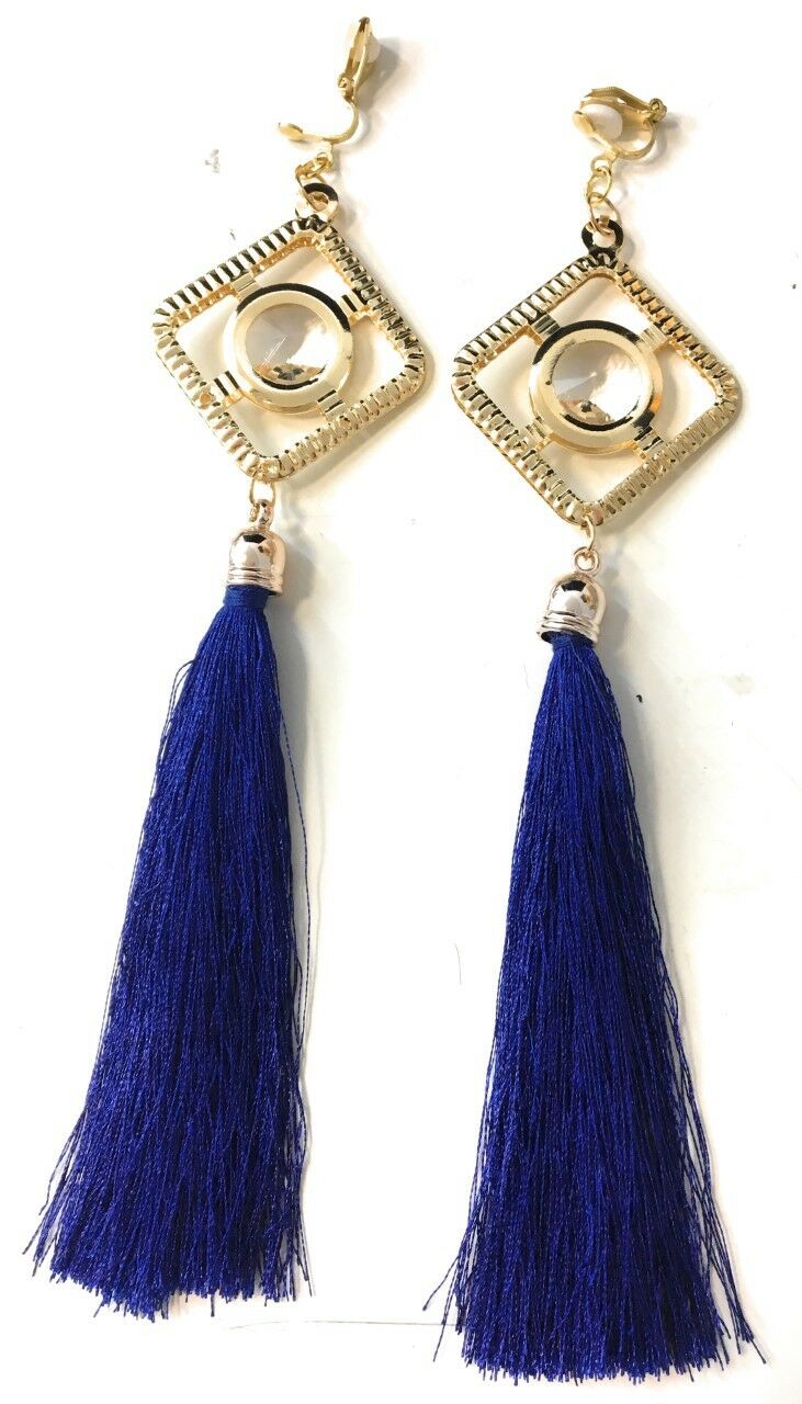 Royal Blue Super Long Funky Tassel Chandelier Dangle Party Earrings - Pierced or Clip On