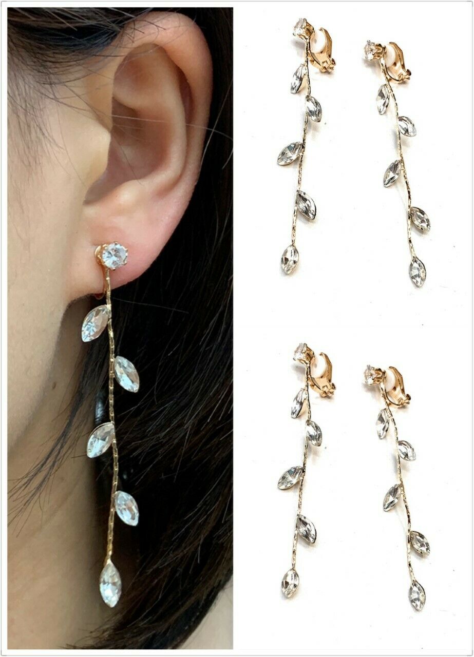 Zircon Crystal Leaf Drop Long Dangle Clip On Party Earrings Gift