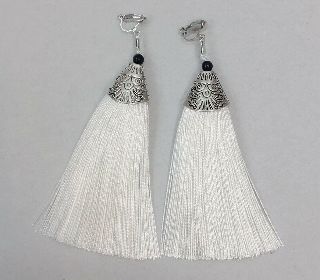 White Long Funky Tassel Chandelier Silver Dangle Party Earrings - Pierced or Clip On