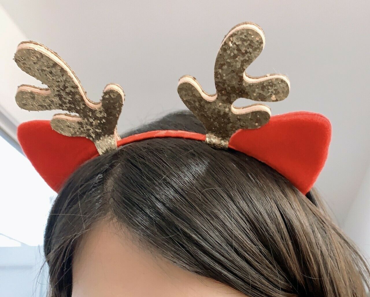 Girls Red Cat Ear Gold Glittery Reindeer Antlers Christmas Deer Ears Headband School