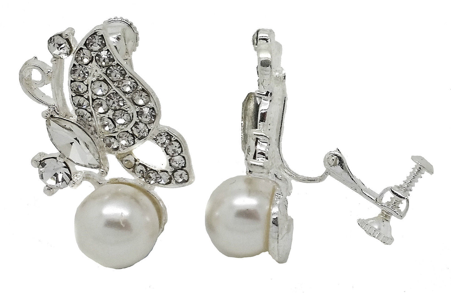 Butterfly Crystal and Pearl Silver Crystal Clip On Stud Earrings