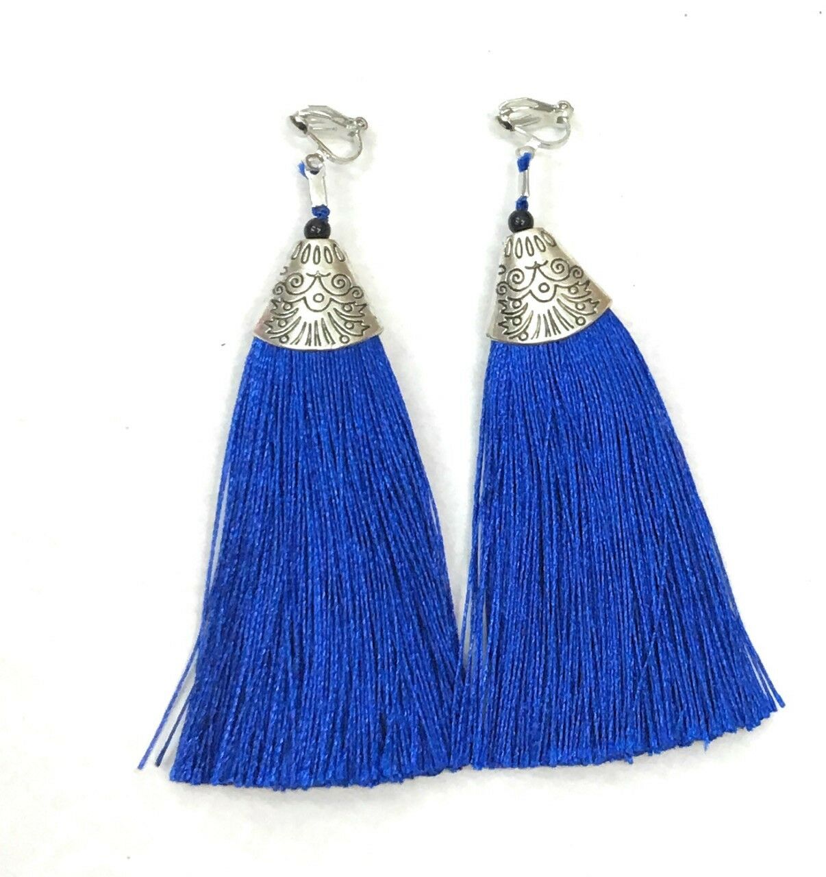 Royal Blue Long Funky Tassel Chandelier Silver Dangle Party Earrings - Pierced or Clip On